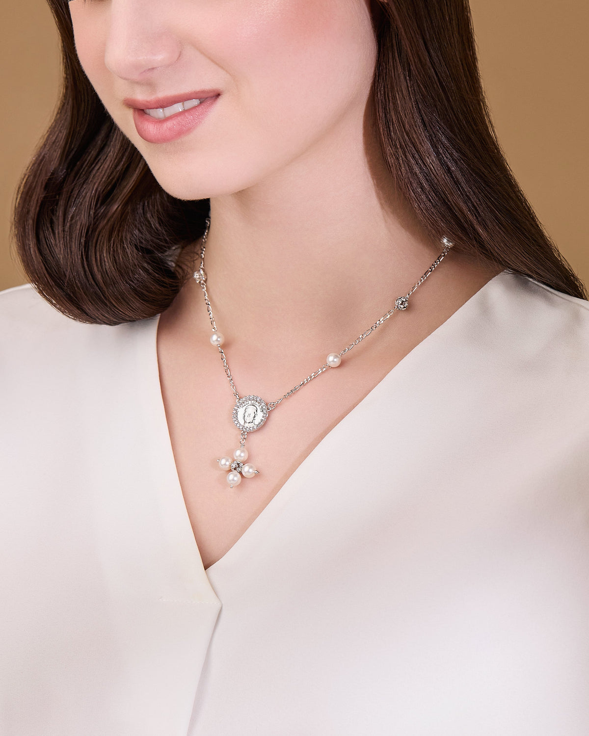 Sterling Silver Pope Leo XIV Necklace with White Pearls and Rhinestone Beads