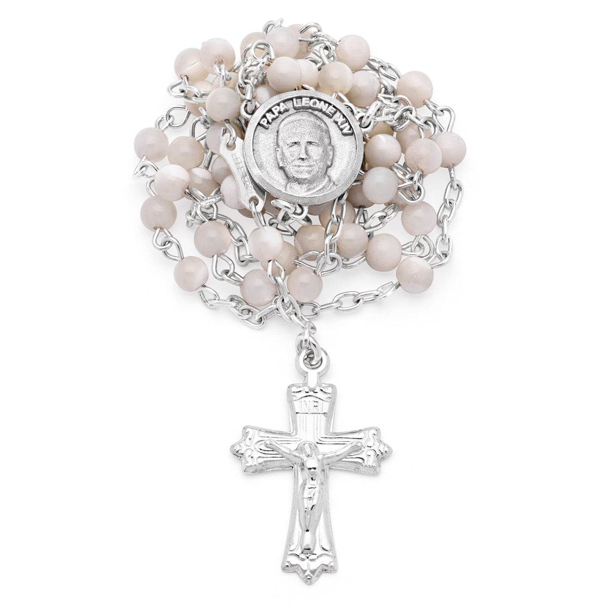 Sterling Silver Pope Leo XIV Rosary with Small Mother-of-Pearl Beads