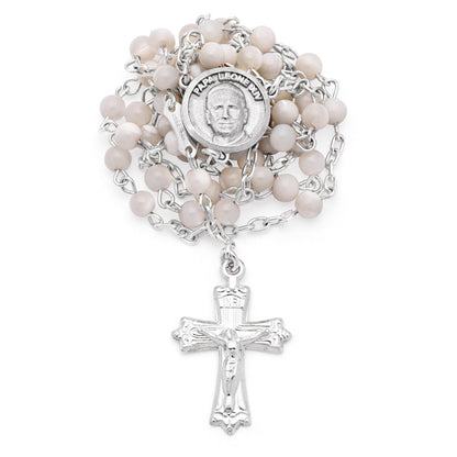 Sterling Silver Pope Leo XIV Rosary with Small Mother-of-Pearl Beads