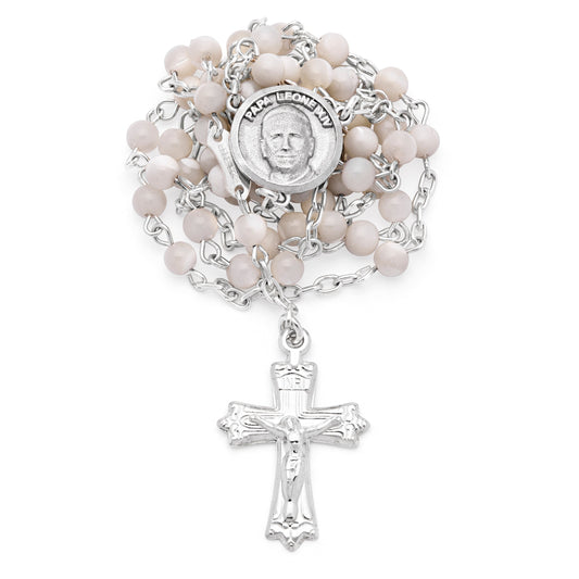 Sterling Silver Pope Leo XIV Rosary with Small Mother-of-Pearl Beads