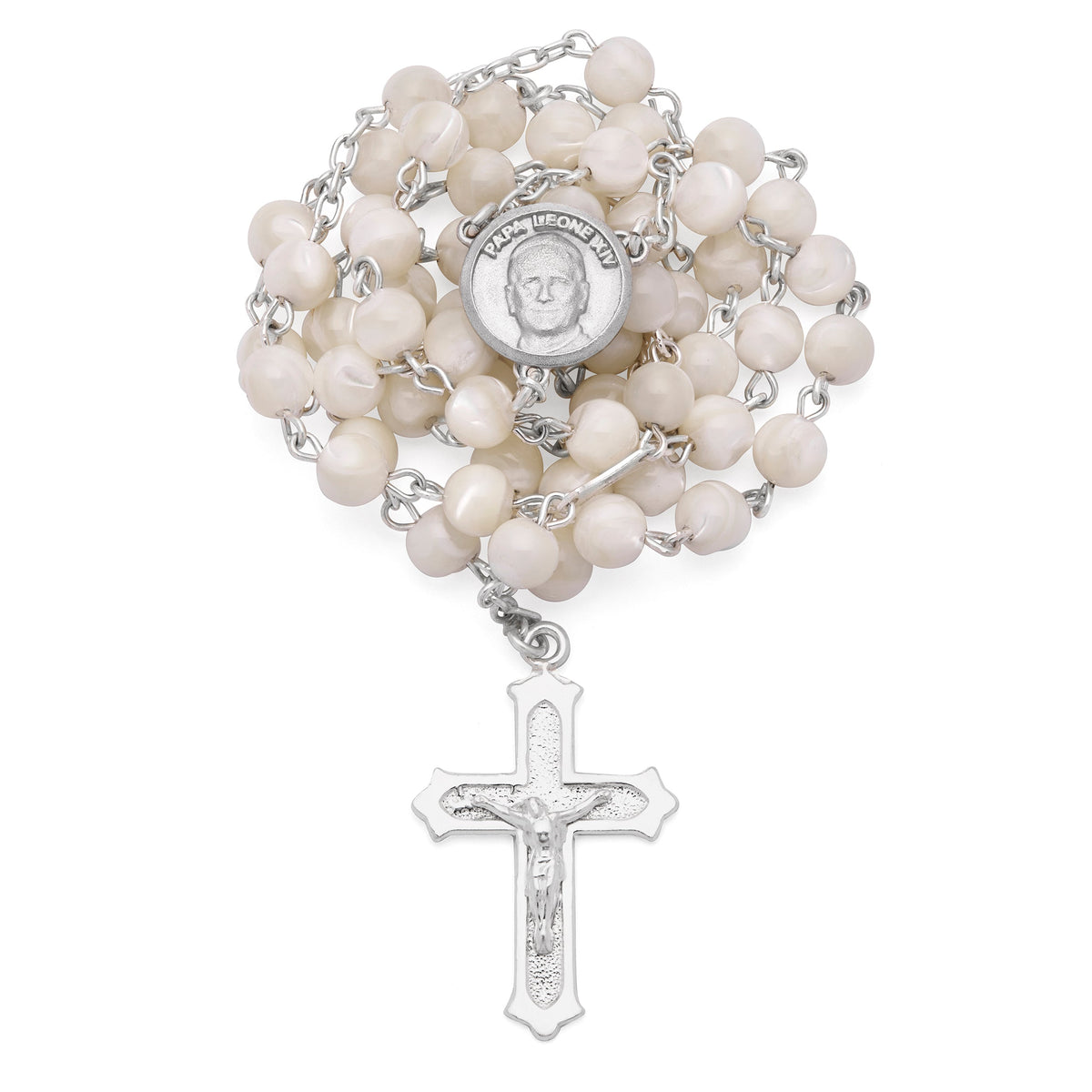 Sterling Silver Pope Leo XIV Rosary with Mother-of-Pearl Beads