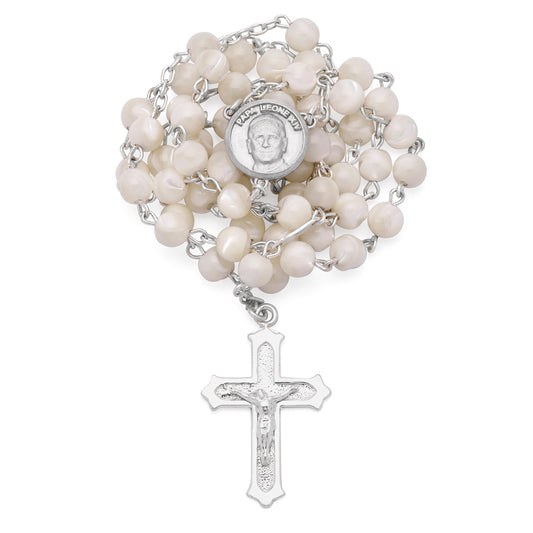 Sterling Silver Pope Leo XIV Rosary with Mother-of-Pearl Beads