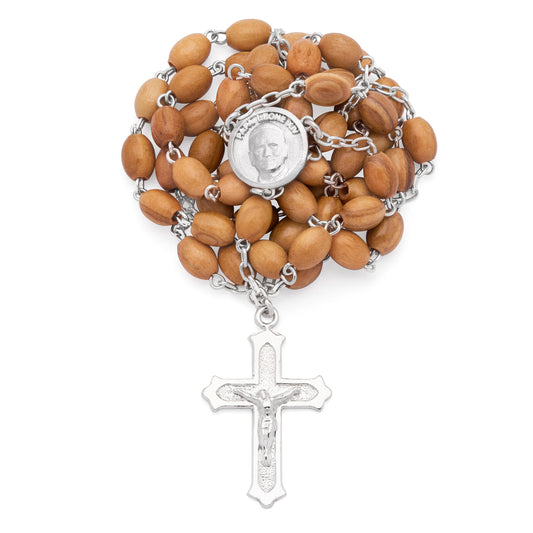 Sterling Silver Pope Leo XIV Rosary with Oval Olive Wood Beads
