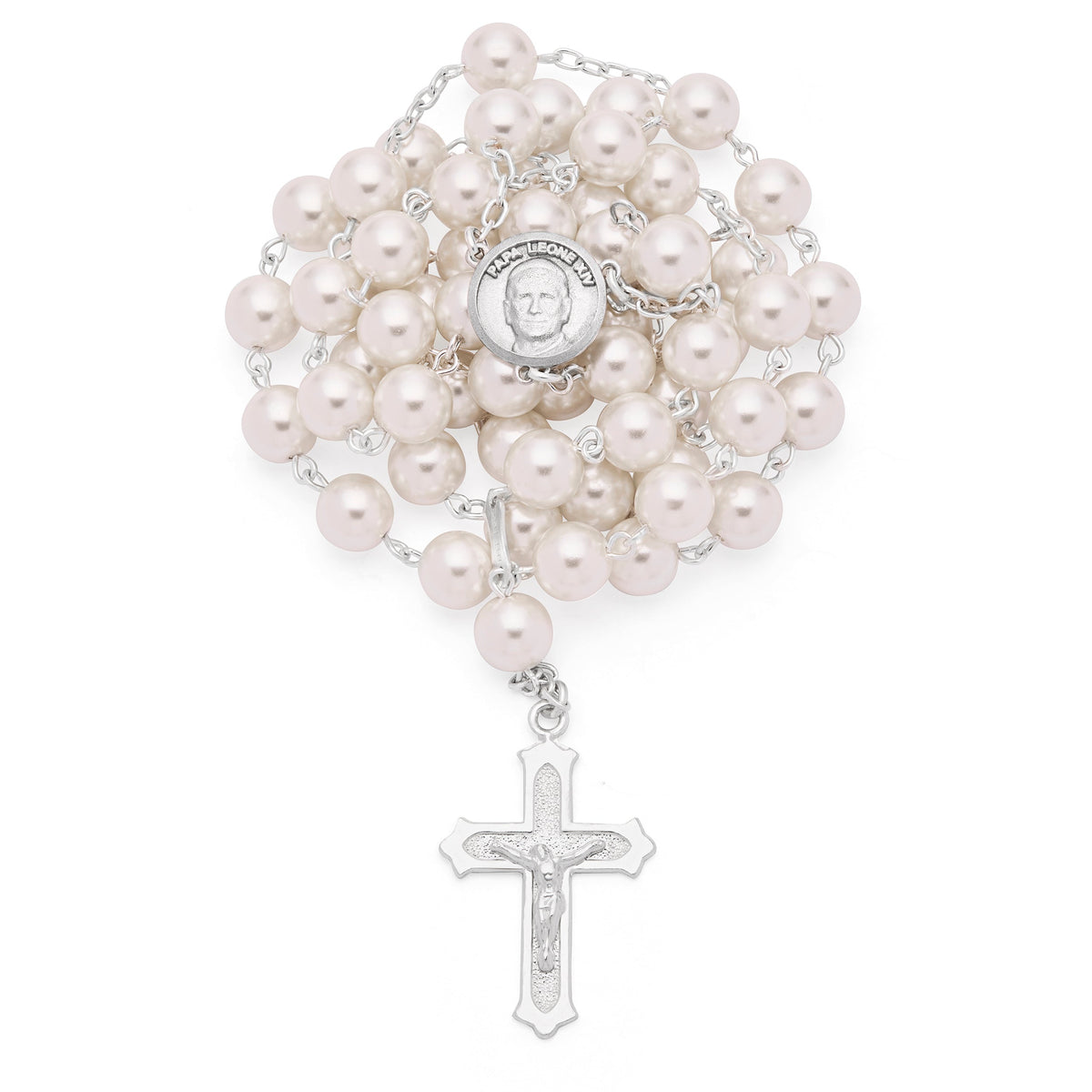 Sterling Silver Pope Leo XIV Rosary with Pearl Beads