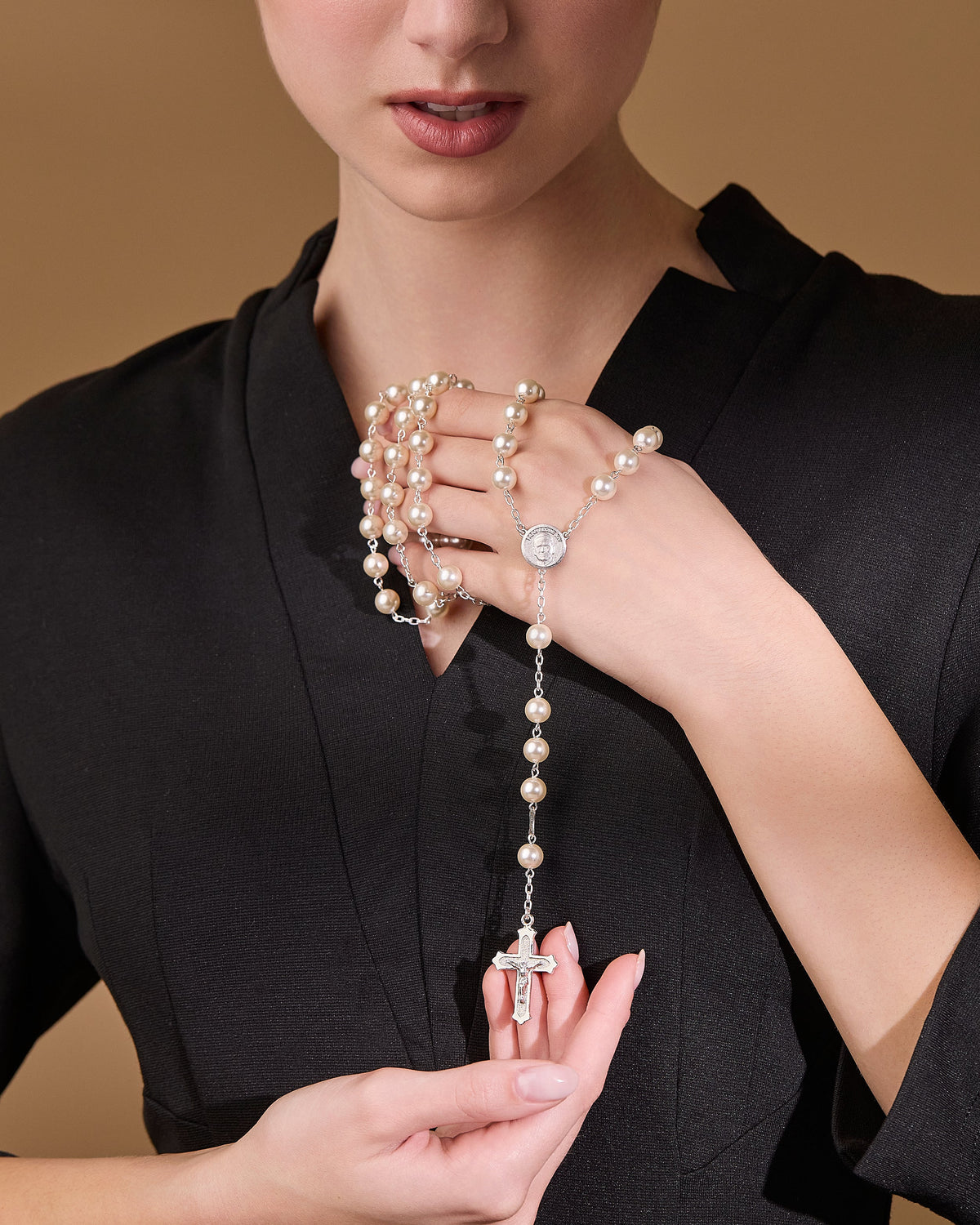 Sterling Silver Pope Leo XIV Rosary with Pearl Beads