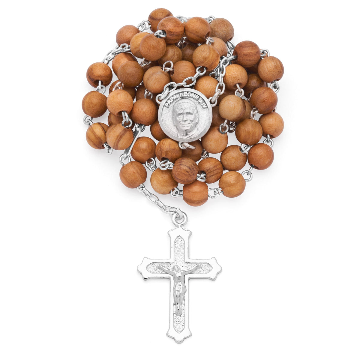 Sterling Silver Pope Leo XIV Rosary with Small Olive Wood Beads