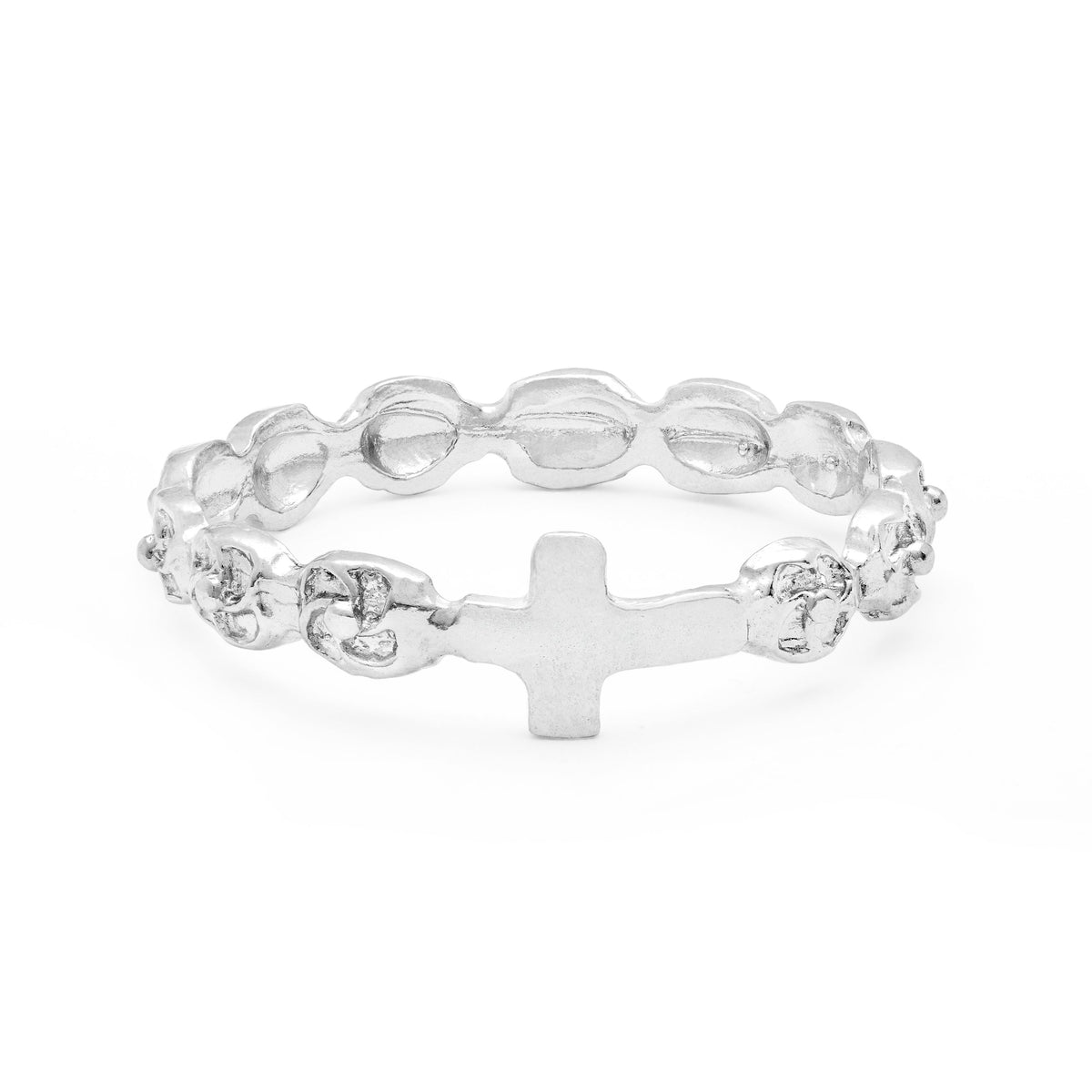 Sterling Silver Ring with Cross and Rose-shaped Beads