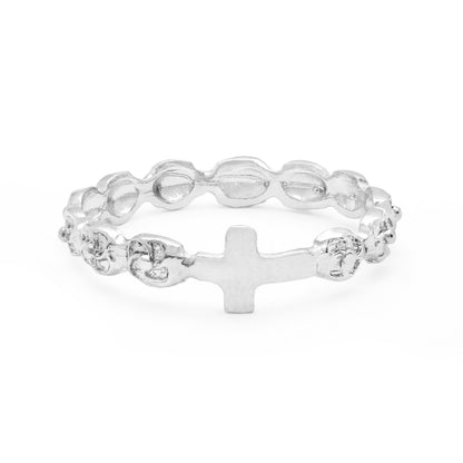 Sterling Silver Ring with Cross and Rose-shaped Beads