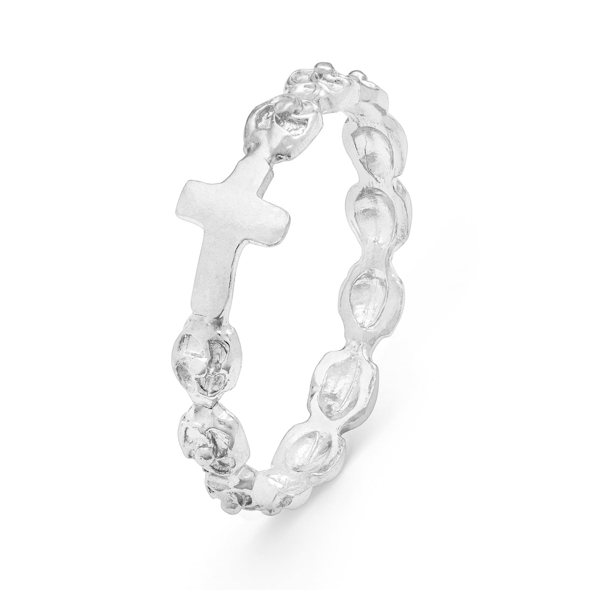 Sterling Silver Ring with Cross and Rose-shaped Beads