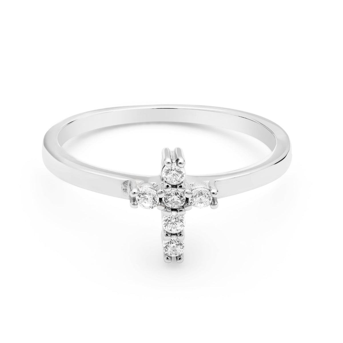 Sterling Silver Adjustable Ring With Cubic Zirconia Cross