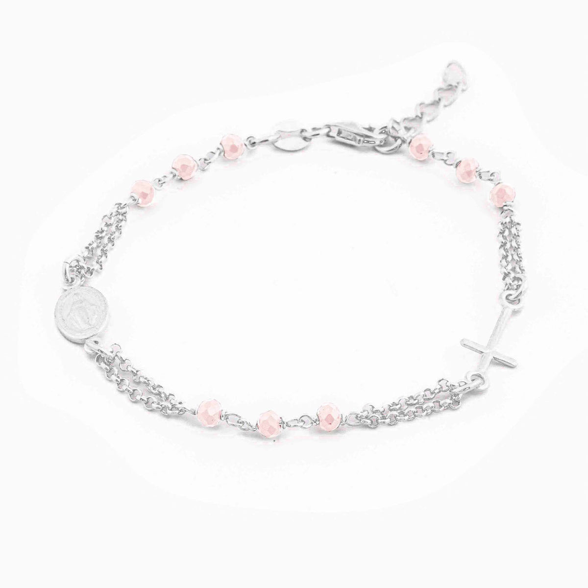 STERLING SILVER ROSARY BRACELET DOUBLE CHAIN PINK FACETED BEADS