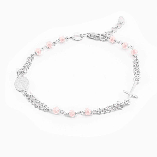 STERLING SILVER ROSARY BRACELET DOUBLE CHAIN PINK FACETED BEADS