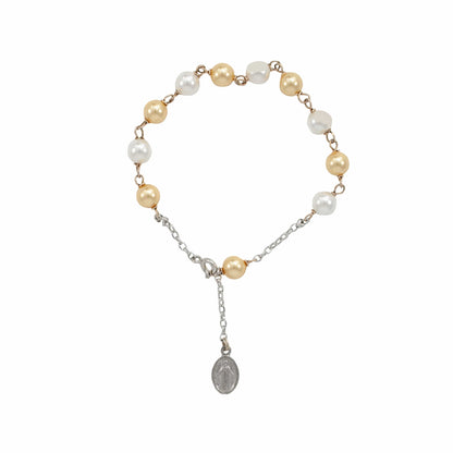 Sterling Silver Rosary Bracelet with White and Gold-Tone Synthetic Pearl Beads