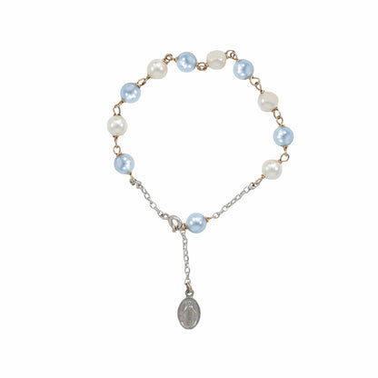 Sterling Silver Rosary Bracelet with White and Light Blue Synthetic Pearl