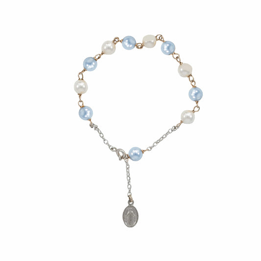 Sterling Silver Rosary Bracelet with White and Light Blue Synthetic Pearl