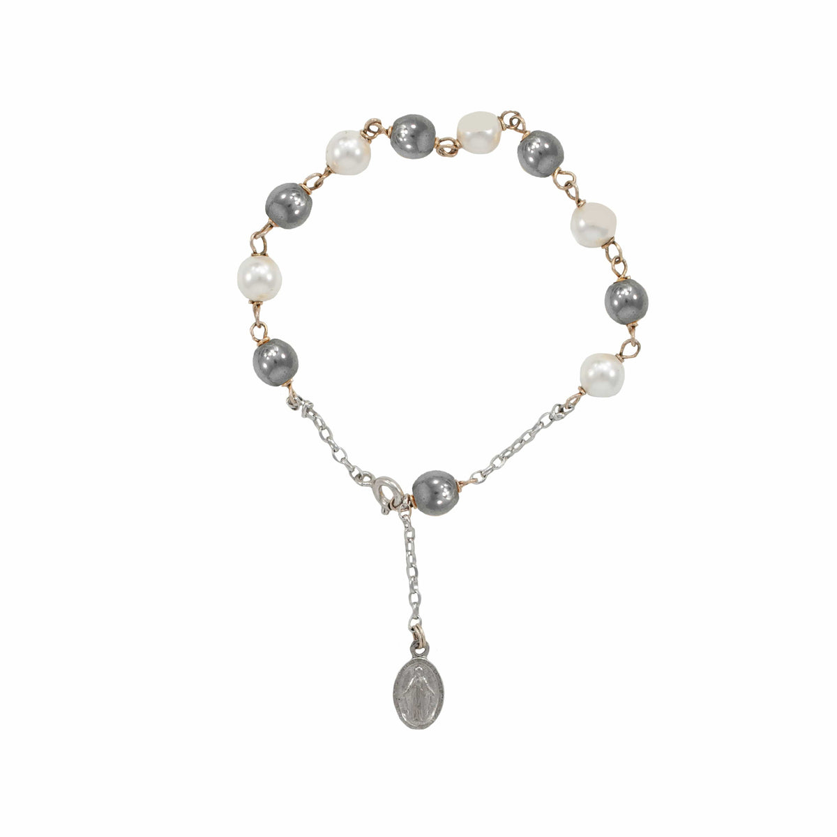 Sterling Silver Rosary Bracelet with White Synthetic Pearl and Hematite Beads