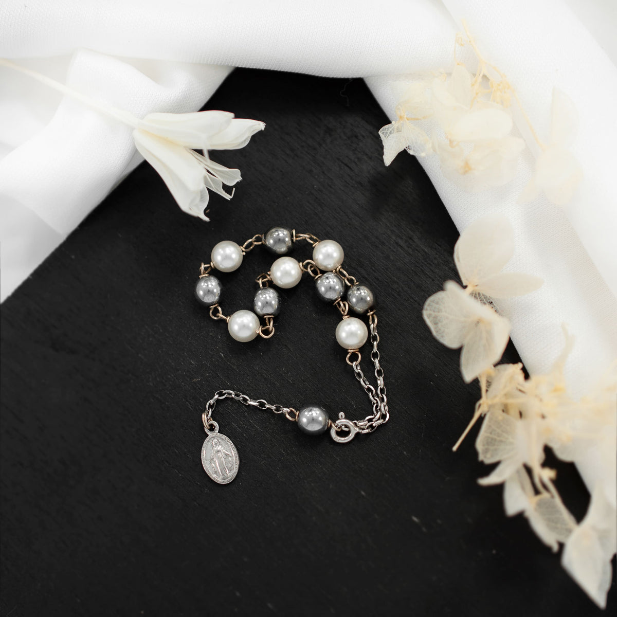 Sterling Silver Rosary Bracelet with White Synthetic Pearl and Hematite Beads