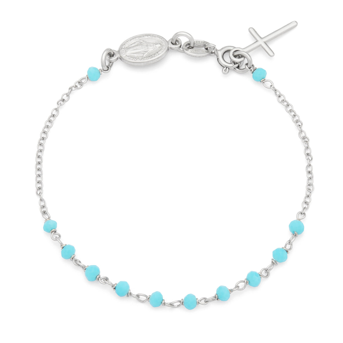 Sterling Silver Rosary Bracelet with Light Blue Beads and the Miraculous Medal