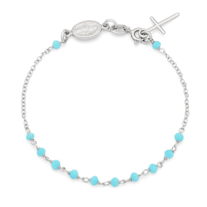 Sterling Silver Rosary Bracelet with Light Blue Beads and the Miraculous Medal