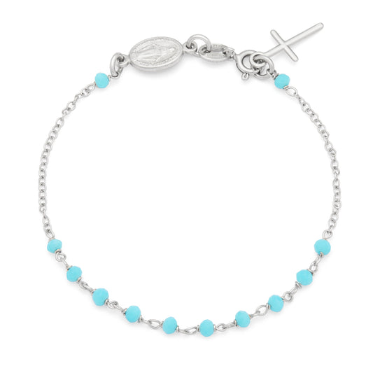 Sterling Silver Rosary Bracelet with Light Blue Beads and the Miraculous Medal
