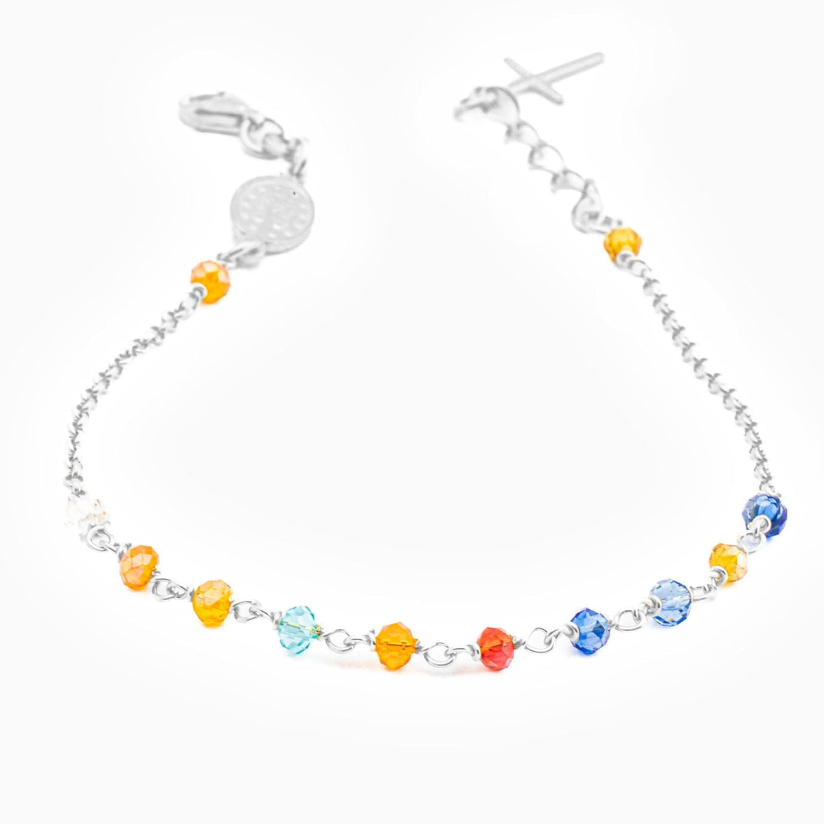 STERLING SILVER ROSARY BRACELET WITH MIRACULOUS MEDAL AND CROSS FACETED BEADS