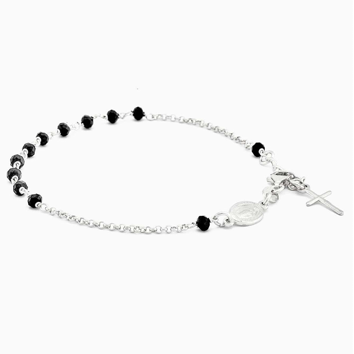 STERLING SILVER ROSARY BRACELET WITH MIRACULOUS MEDAL AND CROSS FACETED BEADS