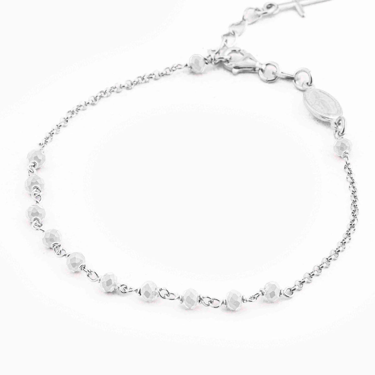 STERLING SILVER ROSARY BRACELET WITH MIRACULOUS MEDAL AND CROSS FACETED BEADS