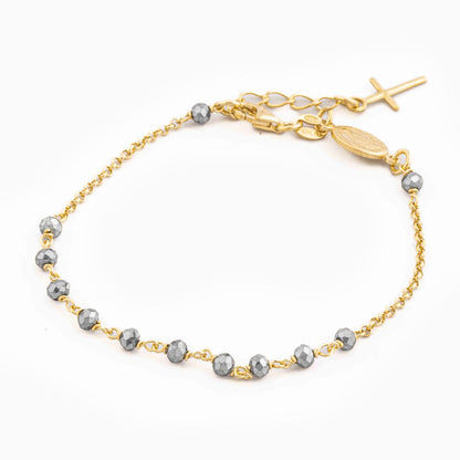STERLING SILVER ROSARY BRACELET WITH MIRACULOUS MEDAL AND CROSS FACETED BEADS