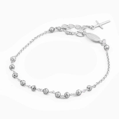 STERLING SILVER ROSARY BRACELET WITH MIRACULOUS MEDAL AND CROSS FACETED BEADS