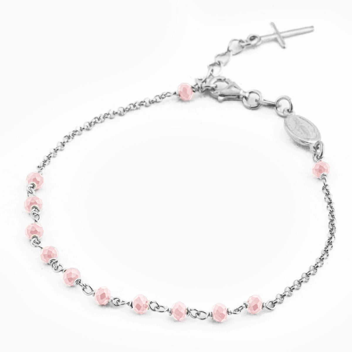 STERLING SILVER ROSARY BRACELET WITH MIRACULOUS MEDAL AND CROSS FACETED BEADS