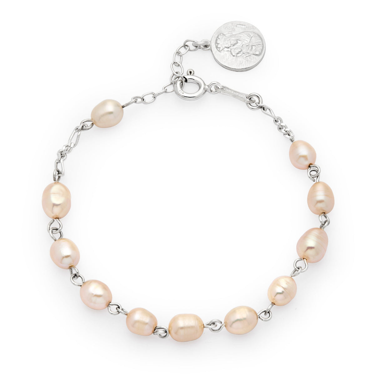 Sterling Silver Rosary Bracelet with Pink Freshwater Pearl Beads