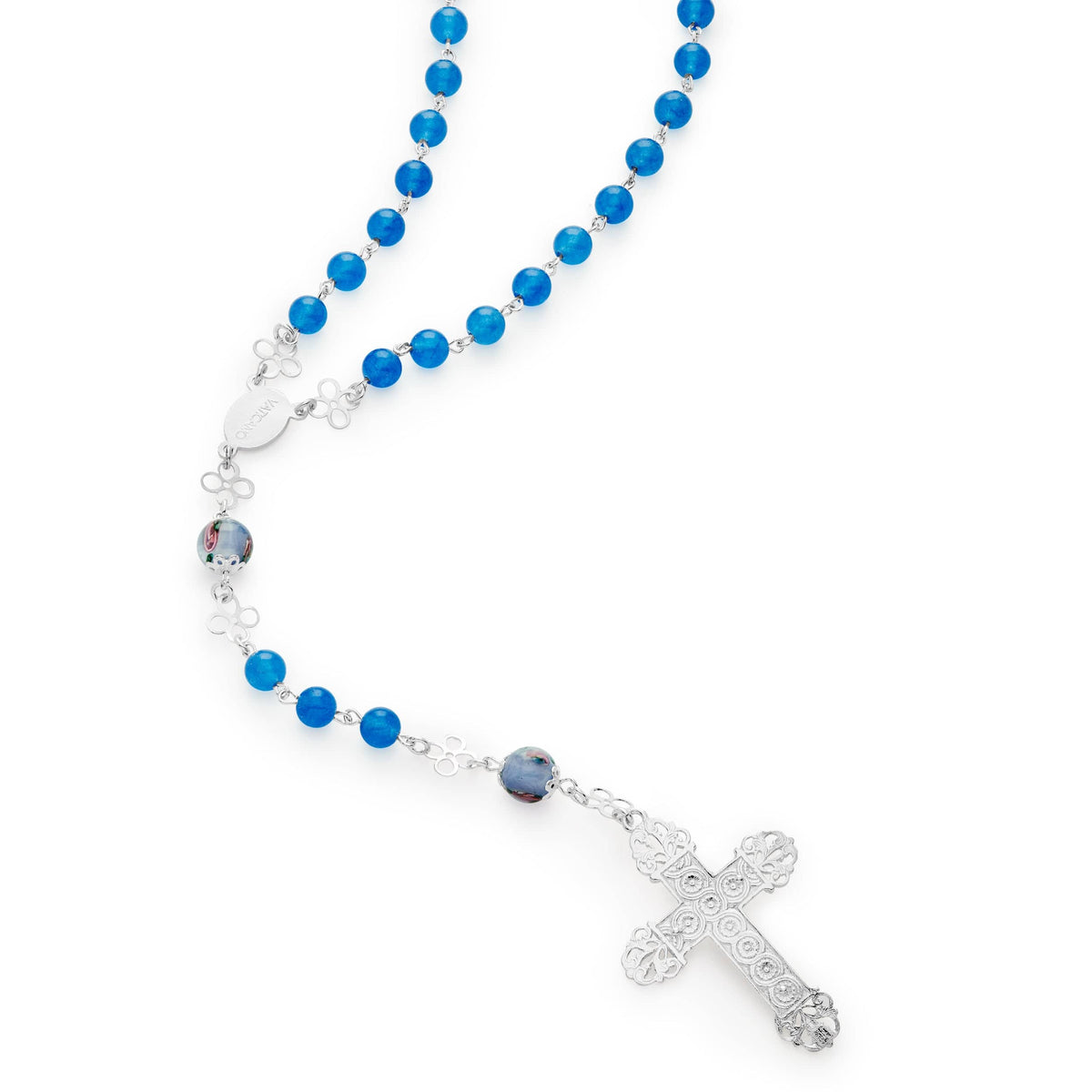 Sterling Silver Rosary with Blue Agate and Hand-Painted Floral Glass Beads