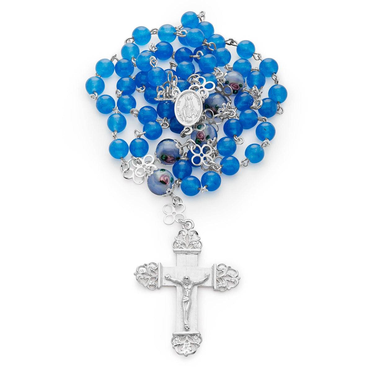 Sterling Silver Rosary with Blue Agate and Hand-Painted Floral Glass Beads