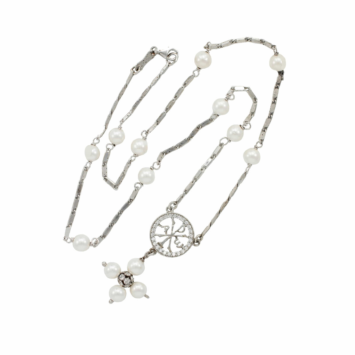 Sterling Silver Rosary Necklace White Glass Pearl
