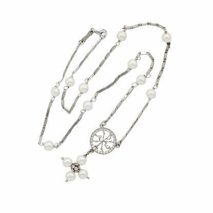 Sterling Silver Rosary Necklace White Glass Pearl