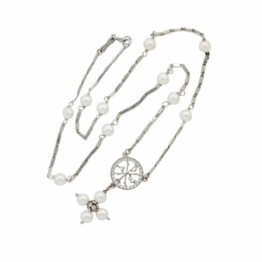 Sterling Silver Rosary Necklace White Glass Pearl