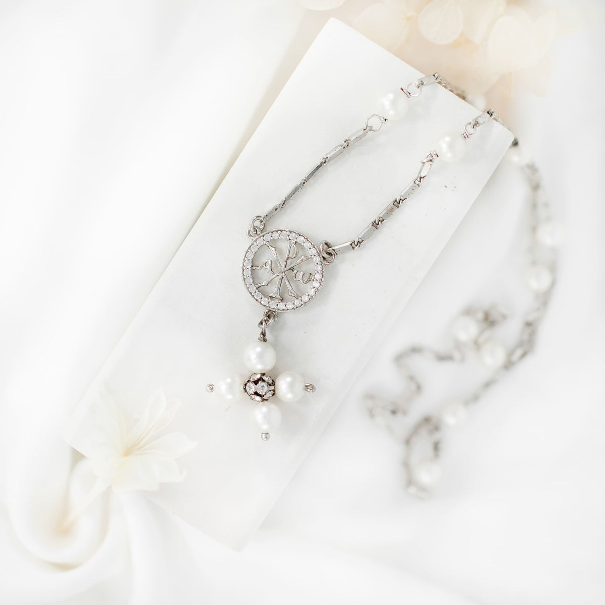 Sterling Silver Rosary Necklace White Glass Pearl