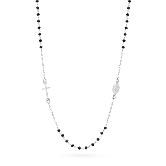 Sterling Silver Rosary Necklace with Black Beads