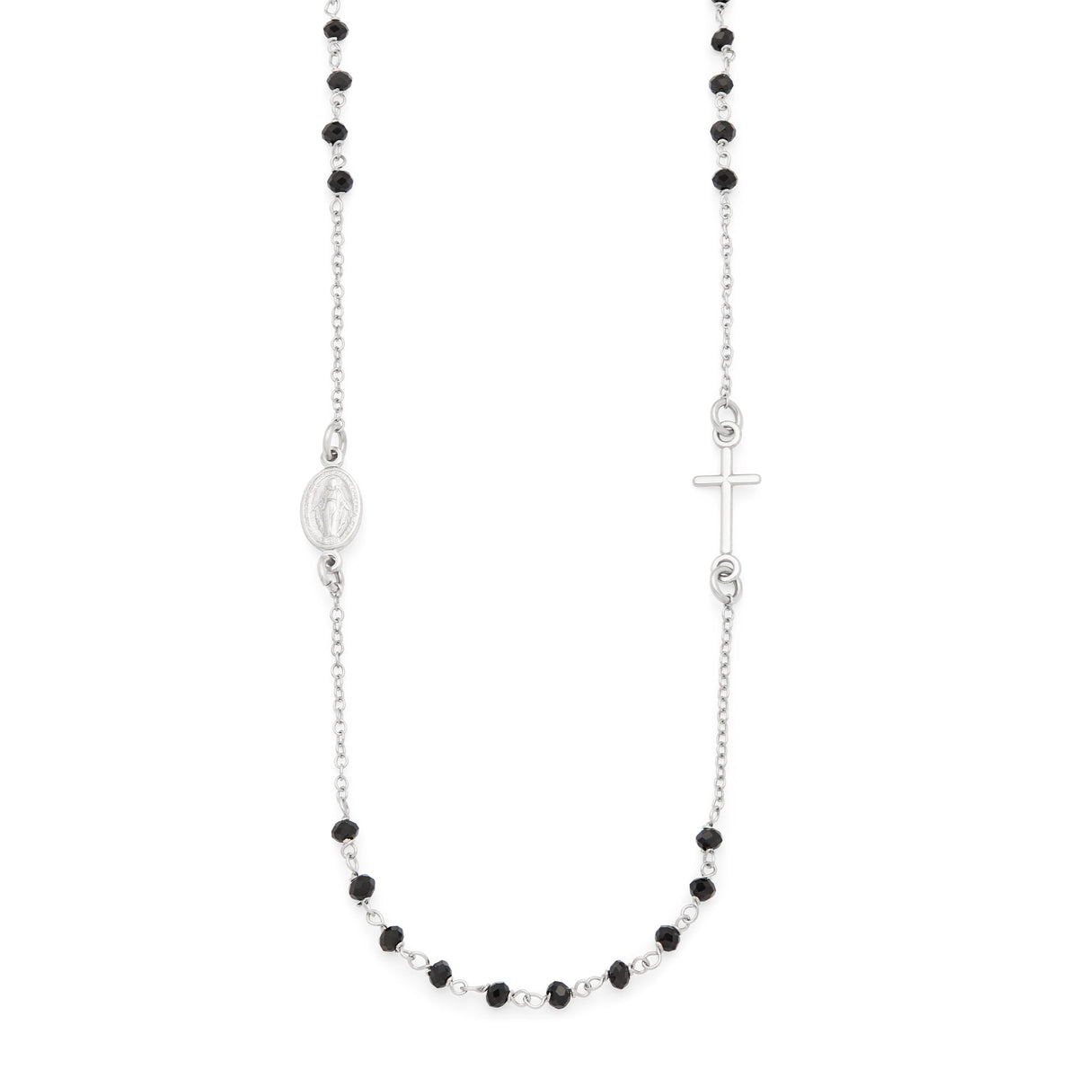 Sterling Silver Rosary Necklace with Black Beads
