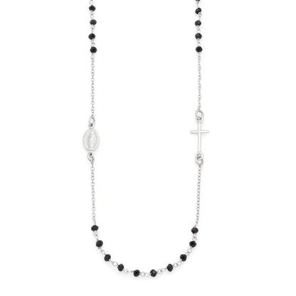 Sterling Silver Rosary Necklace with Black Beads