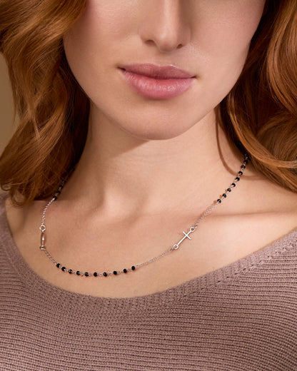 Sterling Silver Rosary Necklace with Black Beads