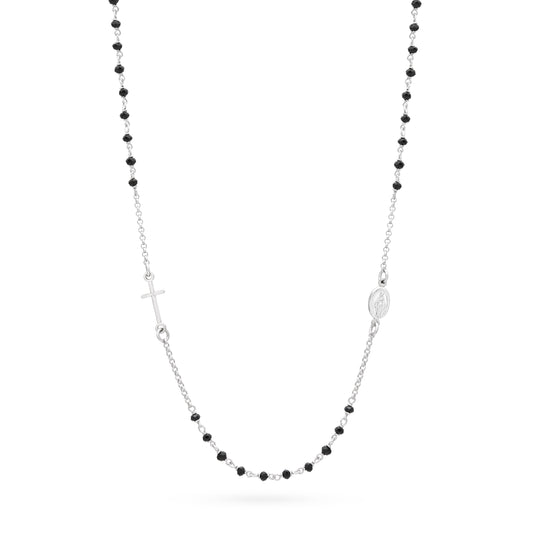 Sterling Silver Rosary Necklace with Black Beads Featuring the Miraculous Medal
