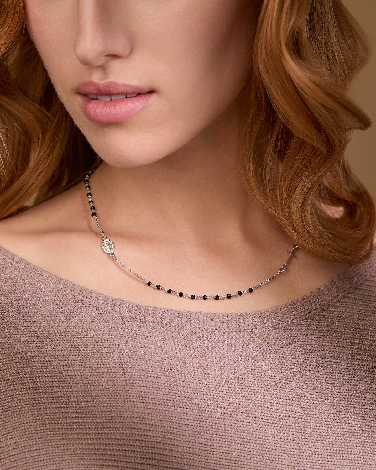 Sterling Silver Rosary Necklace with Black Beads Featuring the Miraculous Medal