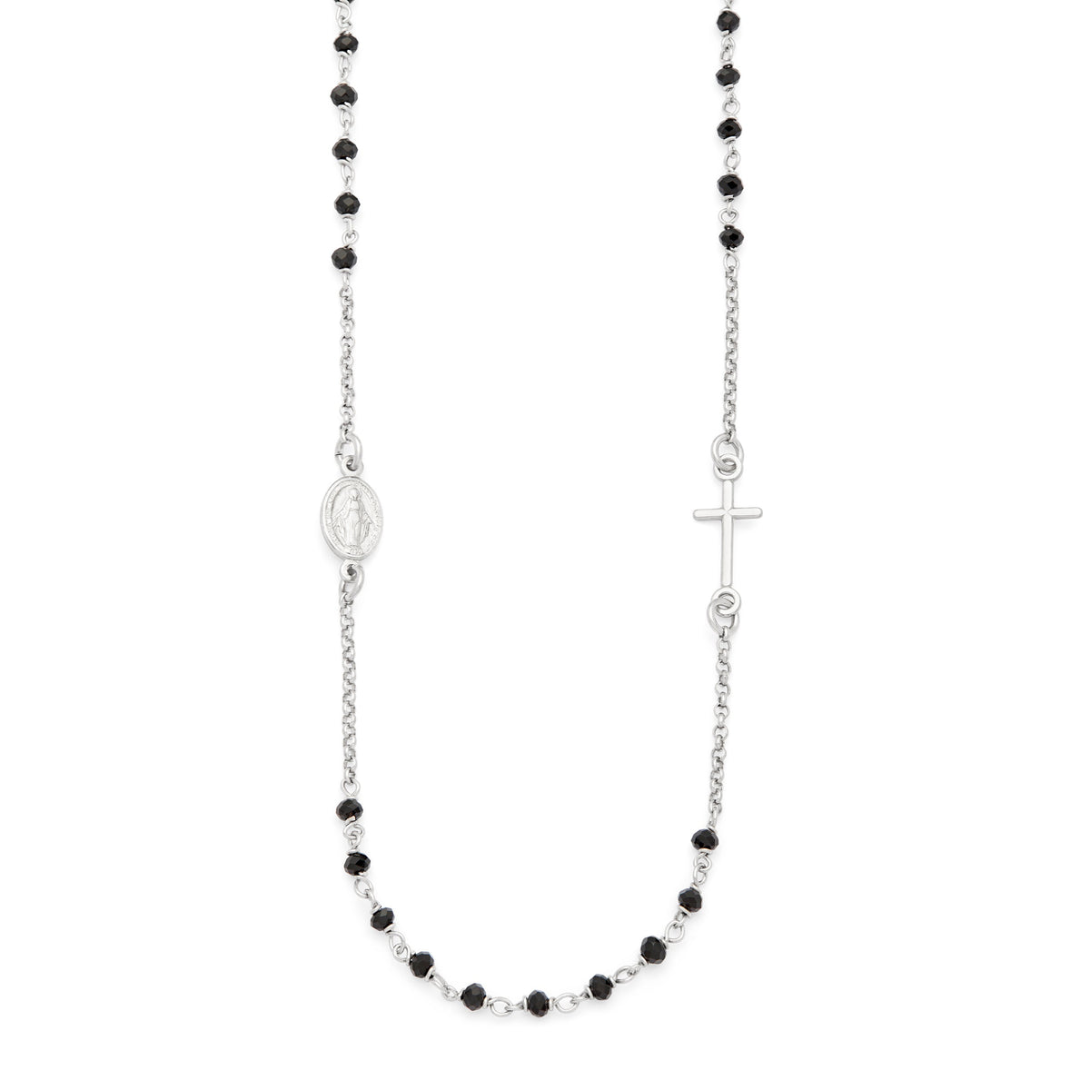 Sterling Silver Rosary Necklace with Black Beads Featuring the Miraculous Medal