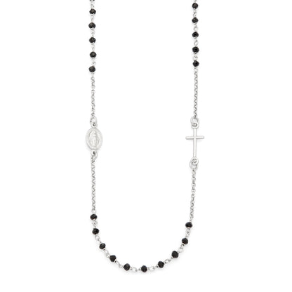 Sterling Silver Rosary Necklace with Black Beads Featuring the Miraculous Medal