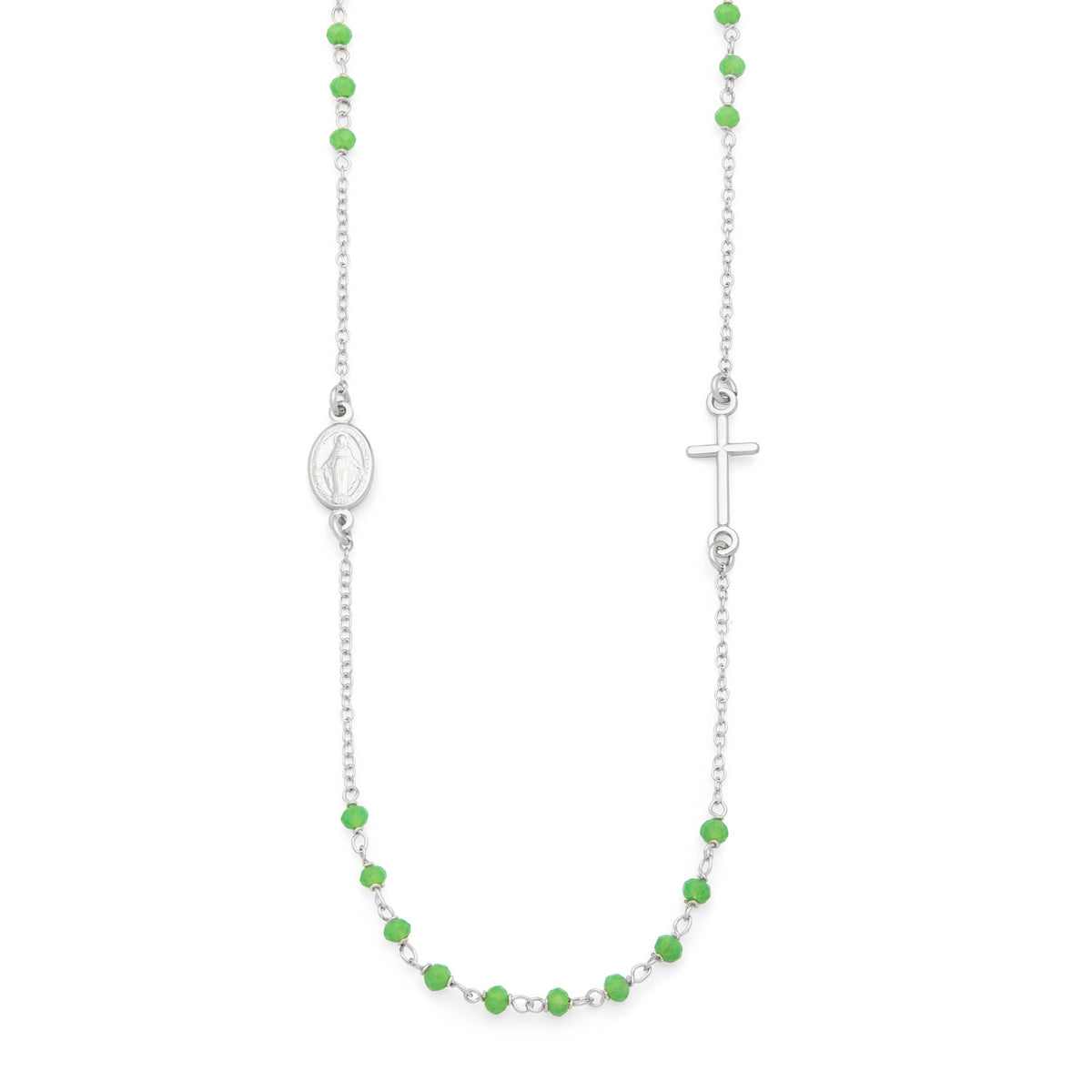 Sterling Silver Rosary Necklace with Green Beads