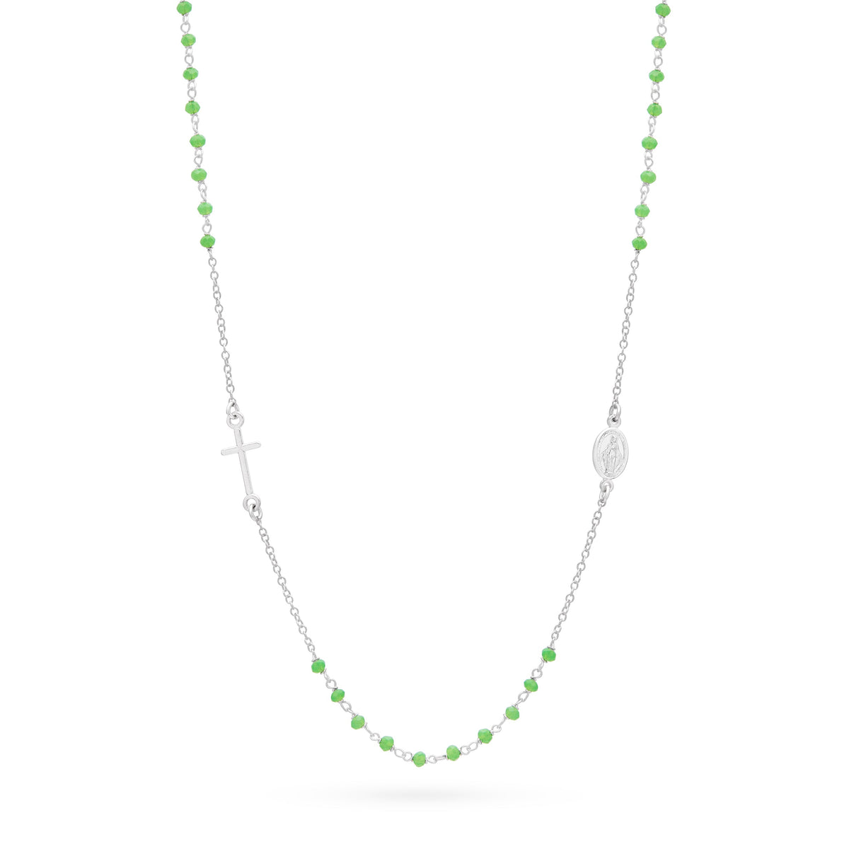 Sterling Silver Rosary Necklace with Green Beads