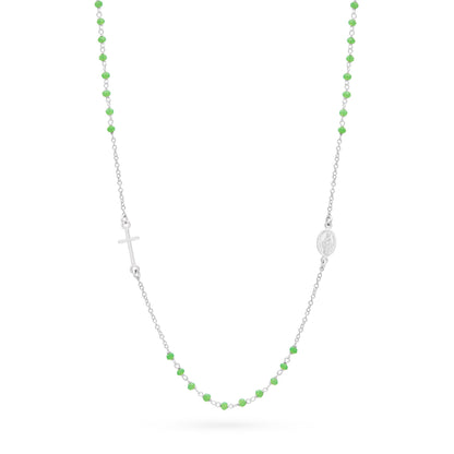Sterling Silver Rosary Necklace with Green Beads