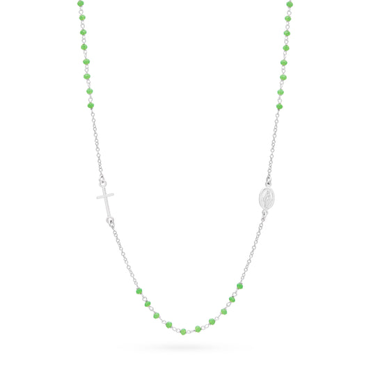 Sterling Silver Rosary Necklace with Green Beads
