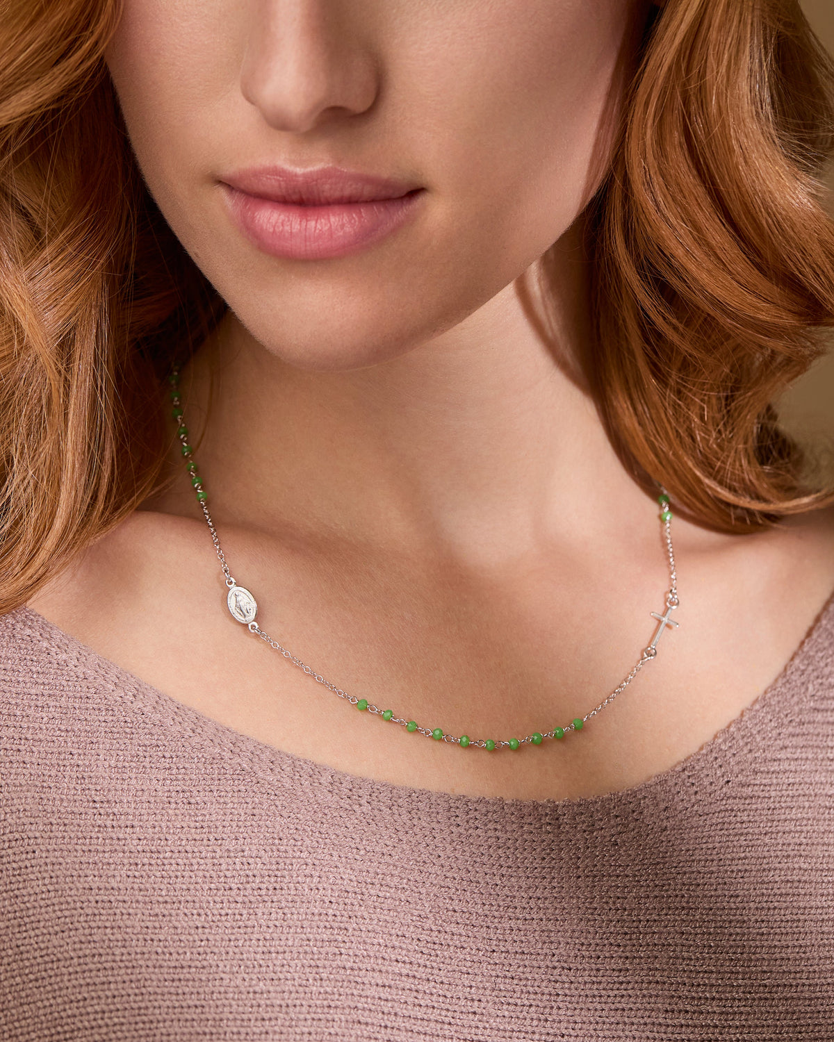 Sterling Silver Rosary Necklace with Green Beads